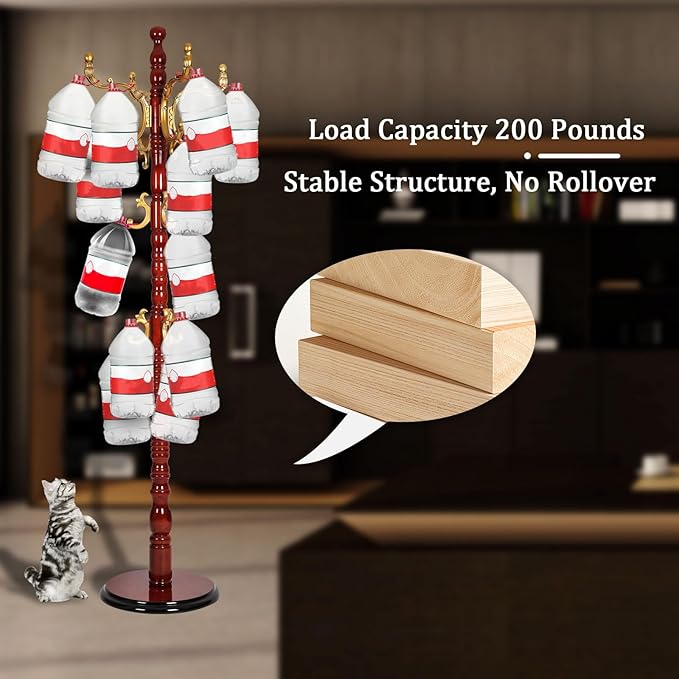 Coat Racks Free Standing with 14 Hooks, Natural Wood Coat Rack with Solid Round Base, Adjustable Height Coat Racks, Easy Assembly for Hallway, Bedroom and Office (Begonia color)