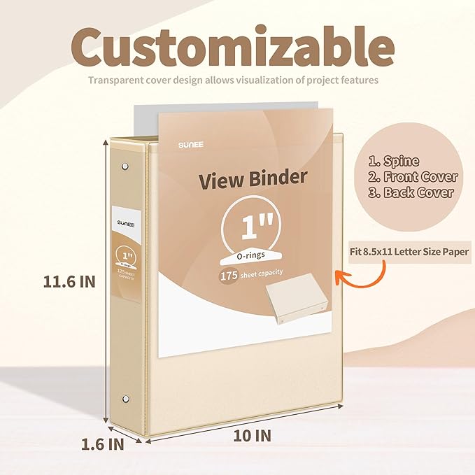 SUNEE 3 Ring Binder 1 Inch 4 Pack, Clear View Binder Three Ring PVC-Free (Fit 8.5x11 Inches) for School or Office Supplies, Neutral Aesthetic