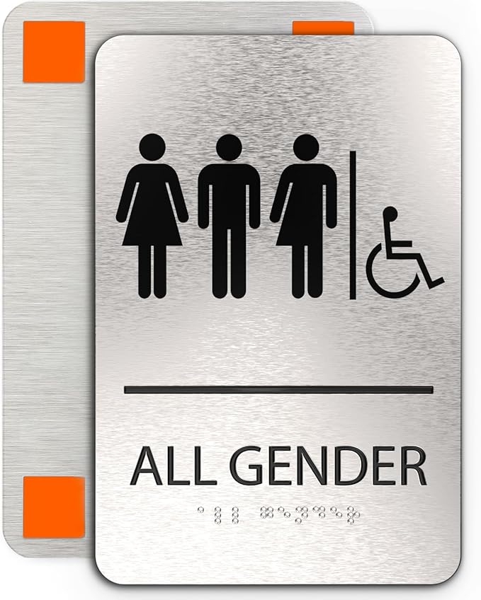 ADA Restroom Signs | 6x9 inches Restroom Signs for Business Brushed Aluminum with Braille and Mounting Tape, Easy Do-It-Yourself Install (All Gender Alternative, Wheelchair Accessible Sign) Modern