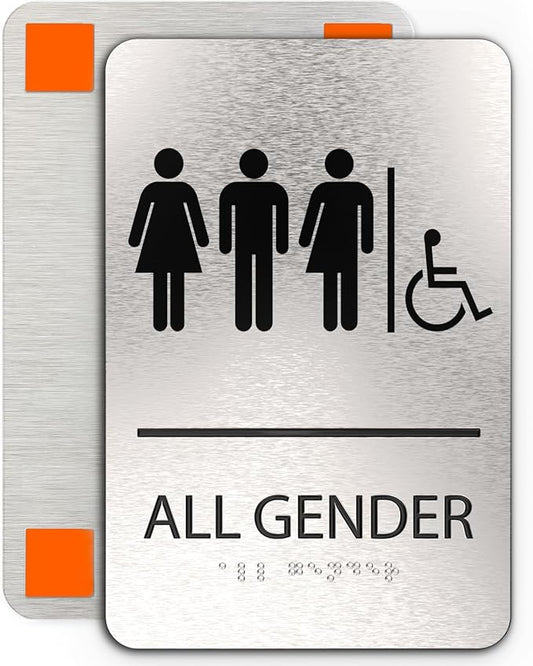 ADA Restroom Signs | 6x9 inches Restroom Signs for Business Brushed Aluminum with Braille and Mounting Tape, Easy Do-It-Yourself Install (All Gender Alternative, Wheelchair Accessible Sign) Modern