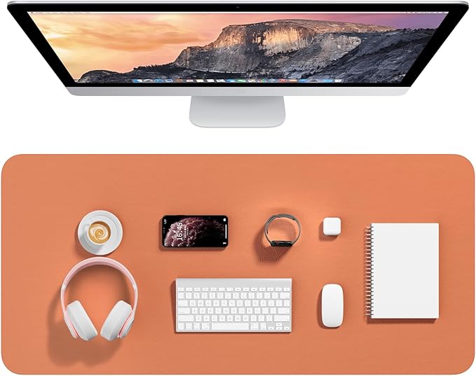 Hsurbtra Desk Pad, 35.5" x 17" PU Leather Desk Mat, XXL Extended Mouse Pad, Waterproof Desktop Blotter Protector, Non-Slip Ultra Thin Large Laptop Keyboard Writing Mat for Office Home, Orange Pink