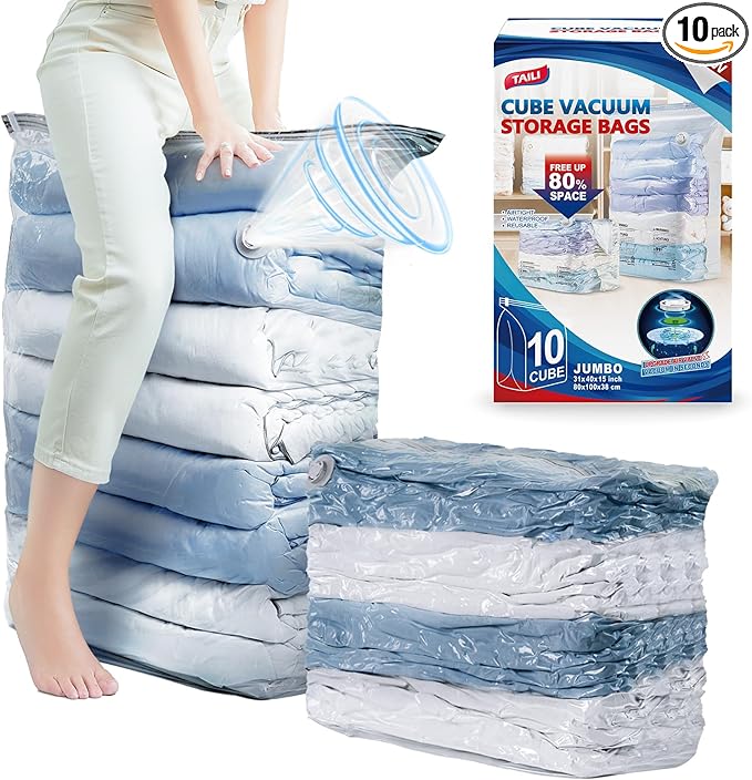 TAILI 10 Pack Vacuum Storage Bags, Jumbo Cube Space Saver Bags (31x40x15 Inch), Extra Large Vacuum Seale Bags for Comforters Blankets Bedding Clothing, Saving Space Closet Organization, Clear