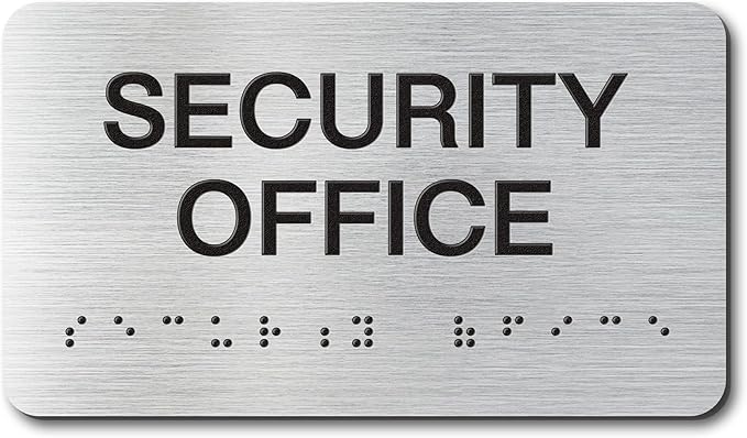 SECURITY OFFICE Signs with Raised Text & Grade 2 Braille, Brushed Aluminum/Silver Finish Easy Install with Double-Sided Tape, ADA Compliant Storage Room Door Sign for Businesses & Offices