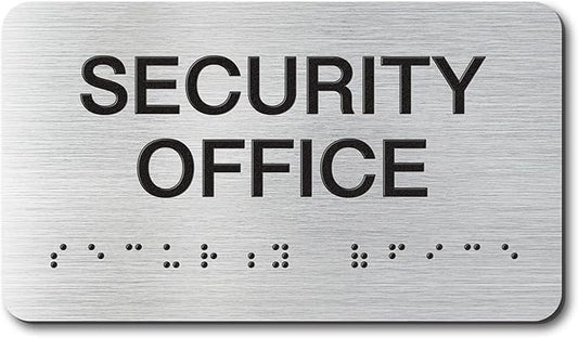 SECURITY OFFICE Signs with Raised Text & Grade 2 Braille, Brushed Aluminum/Silver Finish Easy Install with Double-Sided Tape, ADA Compliant Storage Room Door Sign for Businesses & Offices
