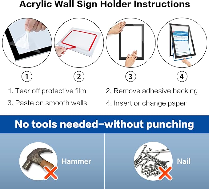 8.5" x 11" Acrylic Sign Holder Wall Mount, Self-Adhesive Magnetic Display Frame with Nano Tape and Strong Magnetic Border for Wall, Door, Glass, Home, Store, Office (Black, 3Pack)