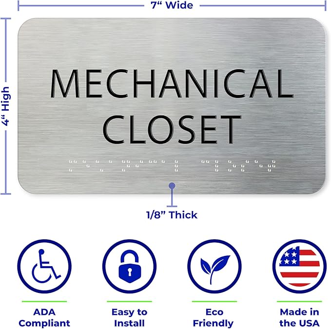 ADASigns Mechanical Closet Sign 7" W x 4" H - Durable Brushed Aluminum with Grade 2 Braille - Easy Installation with Strong Double-Sided Tape - ADA Compliant Office Door Signs for Businesses & Offices