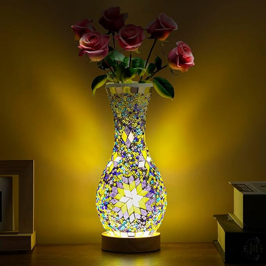 Stylish Turkish Mosaic Table Lamp Glass Vase Light with USB Power for Living Room or Bedroom Decoration