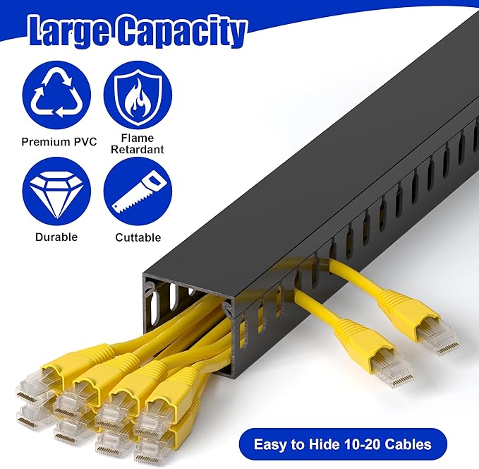 ZhiYo H1.4 x W1.6in Server Rack Cable Management Raceway, 94.5in(6X L15.7in) Cable Raceway Kit, Electrically Safe PVC Open Slot Wire Cord Hider for Under Desk/Computer/Network Cords, Black