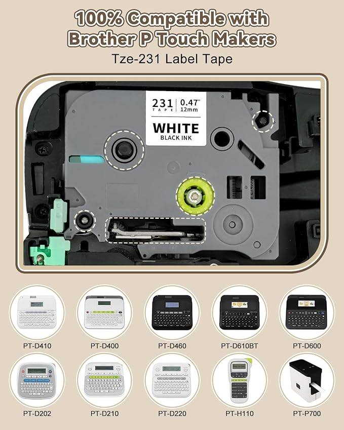 Replace for Brother Label Maker Tape 12mm 0.47 Laminated Black on White TZe-231 TZe231 TZ Tape, PTouch Compatible with Brother P Touch D210 D220 H110 D600 D400 1750 2030 Label Maker Refills, 5X