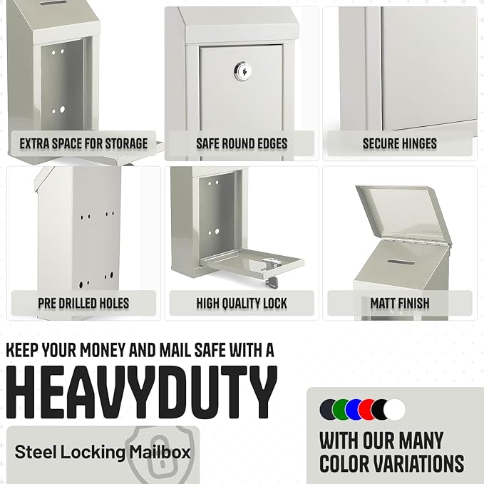 Metal Donation Box-Suggestion Box with Slot and lock-Cash Lock box for Money-Drop Box-Outdoor Waterproof Mailbox and ballot box-comes with pre-drilled holes for easy wall mounting 10 X 6 X 2.5"(White)