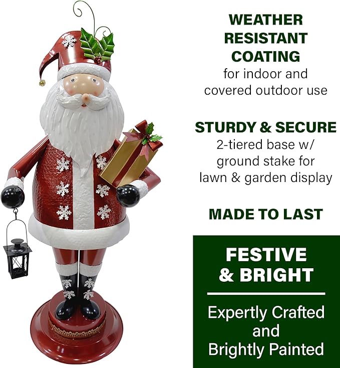 Fraser Hill Farm 50-in. Iron Santa Claus Holding Gift and Lantern with Removable Lawn Stake, Festive Holiday Decor, Indoor/Outdoor Christmas Decoration