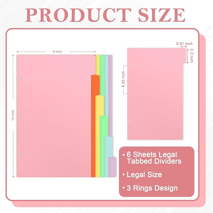 6 Sheets 9x14 Inch Legal Size Tabbed Dividers 3 Ring Binder Legal Binder Dividers 6 Colors Legal Index Tab Dividers Legal Exhibit Dividers File Separators with 2 Blank Card Stock for Office Document