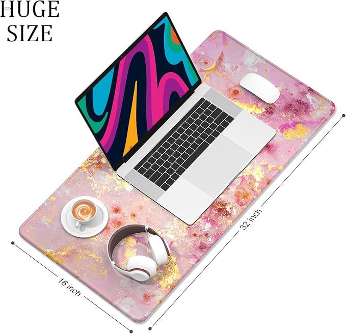Desk Mat, 32" x 16" XXL Extended Large Gaming Mouse Pad, Desktop Decor Desk Pad, Cute Men Women Office Supplies and Accessories, XL Mouse Mat for Laptop & Keyboard, Pink Gold Marble