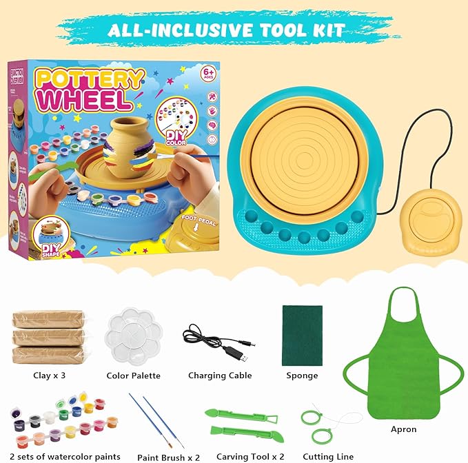 TingingYuli Pottery Wheel for Kids,Complete Pottery Kit and Tools for Beginners,Arts and Crafts Toys for Kids Ages 8-12,Art Supplies Birthday Gifts for Boy Girl Age 6 7 8 9 10 11 12 (Yellow/Cyan)