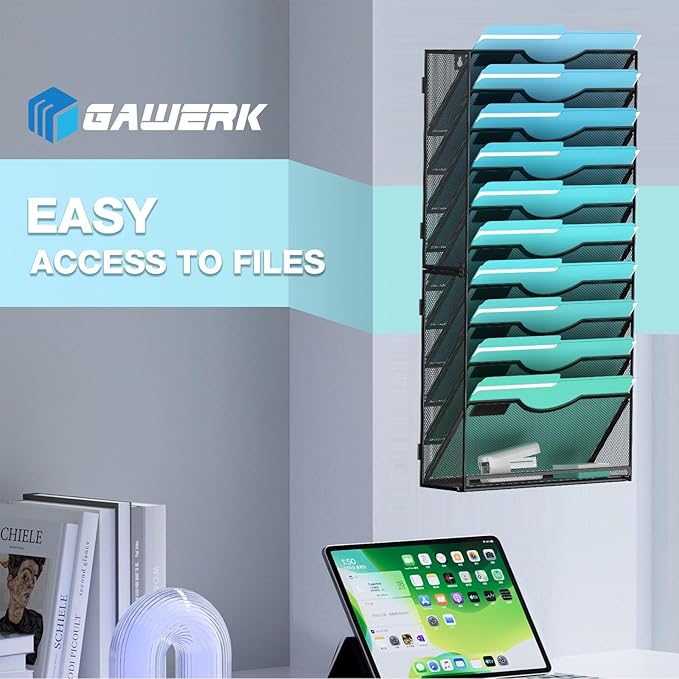 11-Tier Wall File Organizer Hanging Wall File Holder Wall Mount Paper Folder Organize, Mesh Magazine Document Mail Organizer Wall Organizer for Office School Home, Black