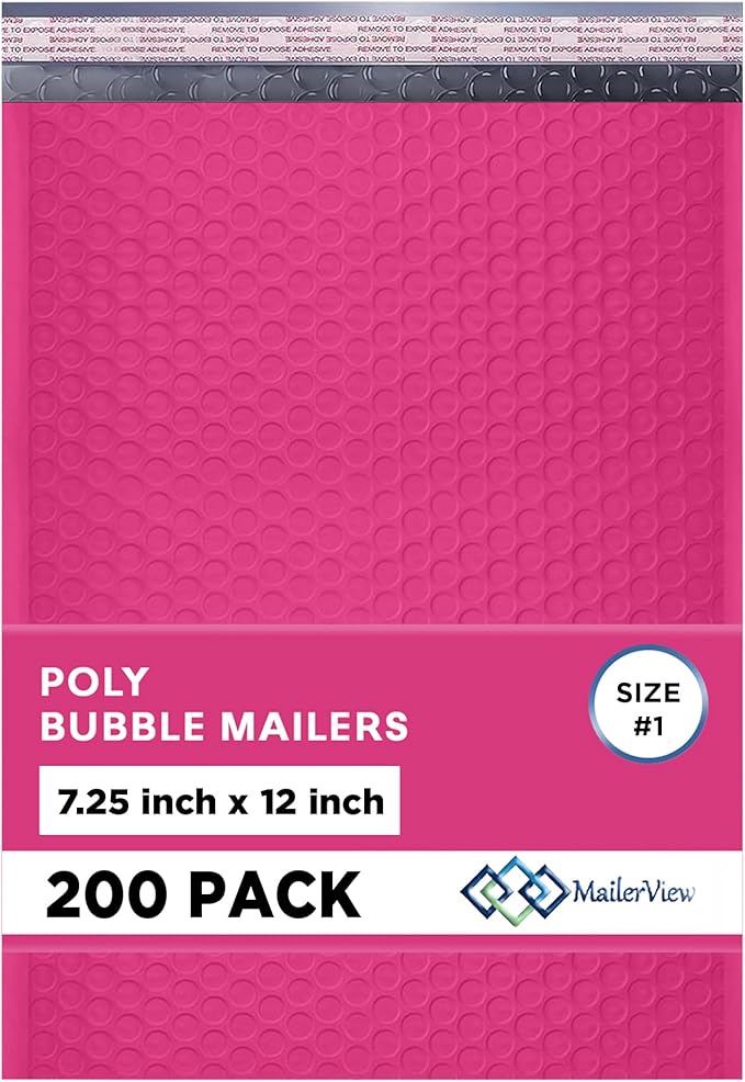 Hot Pink Poly Bubble Mailers 7.25x12 inch #1 | Self Seal Padded Envelopes | Cushioned Bubble Mailer | Usable Size 7.25x11 | WaterProof | Lightweight mailing Shipping Bags | 200 Pack Bulk