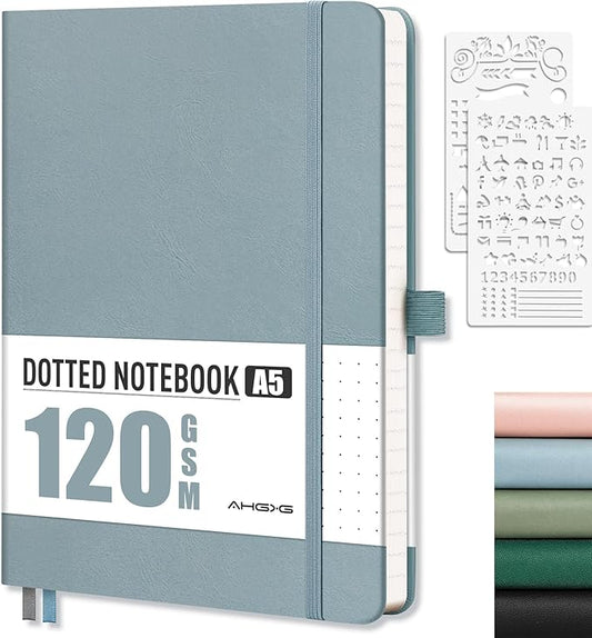 AHGXG Bullet Dotted Journal - Dot Grid Notebook Journal, 120 GSM Thick Acid-Free Paper, A5 Dotted Notebook 160 Pages, Leather Hardcover, Inner Pocket, Journal Stencil, 5.7'' × 8.3'' - Gray Blue