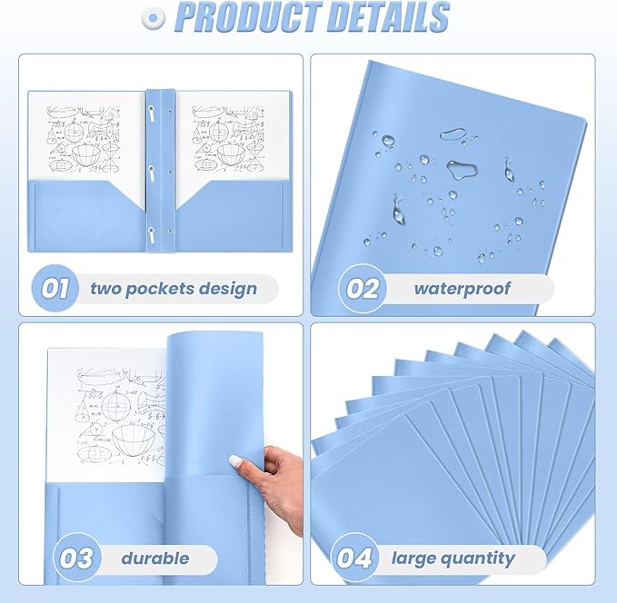 Yeaqee 60 Pcs Plastic Folders with Pockets and Prong Plastic Folders with 2 Pockets Pocket for Office, School for Students, Teachers, Office Workers (Haze Blue)