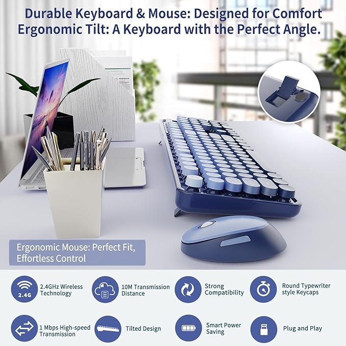 Wireless Keyboard and Mouse Combo, Retro Typewriter Keyboard with Round Keycaps, Full-Size Ergonomic, Blue, Ideal for Windows PC, Home, Office, and College, Wireless Keyboard Mouse Combo
