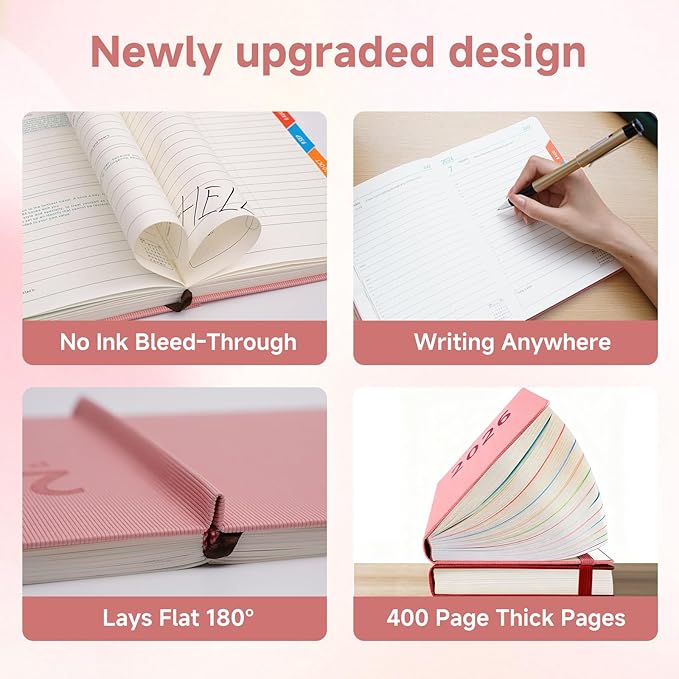 Picoway 2026 Planner A5 400 Pages - Weekly and Monthly Daily Calendar with Thick Paper, One Full Page Per Day Planners from Jan. 2026 - Dec. 2026, Hardcover Notebook ，8.3" x 5.7" (Pink)