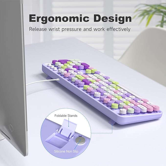 Computer Wired Keyboard, Plug Play USB Full-Size Keyboard with Large Number Pad, Caps Indicators, Foldable Stands, for Windows 7/8/10 PC Laptop (Purple Colorful)