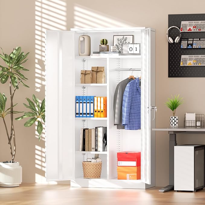 Greenvelly Metal Storage Wardrobe Cabinet with Lock, 72" White Metal Wardrobe Closet for Hanging Clothes with Doors and Shelves, Modern Clothes Closet for Home, Office and Bedroom, School,Gym