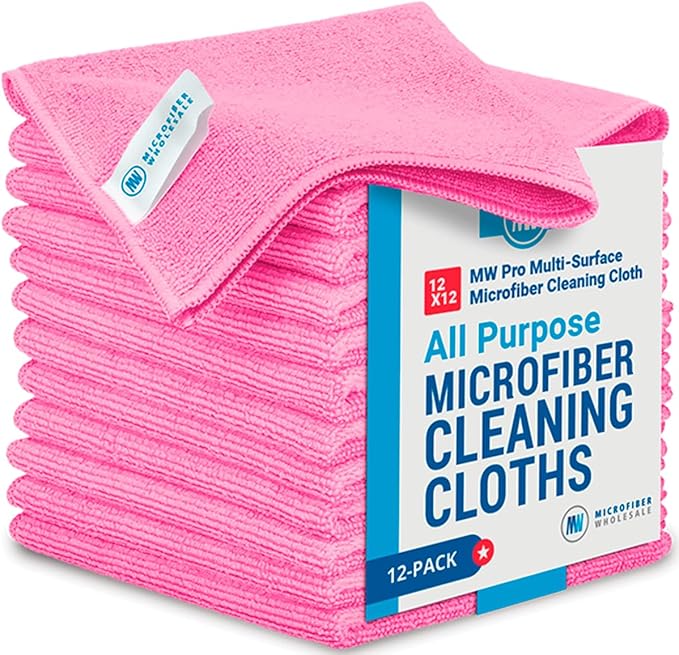 12" x 12" MW Pro Multi-Surface Microfiber Cleaning Cloths | Pink - 12 Pack | Premium Microfiber Towels for Cleaning Glass, Kitchens, Bathrooms, Automotive, Supplies & Products