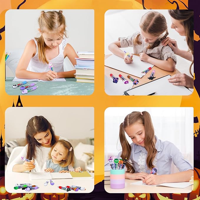 LiYiQ 50 Pcs Halloween Colorful Multicolor Pen in One Cartoon Cute Fun 4-in-1 Cute Pens Bulk Kawaii Pumpkin Ghost Bat Shape Cool Ballpoint Pens for Kids Fun Gifts