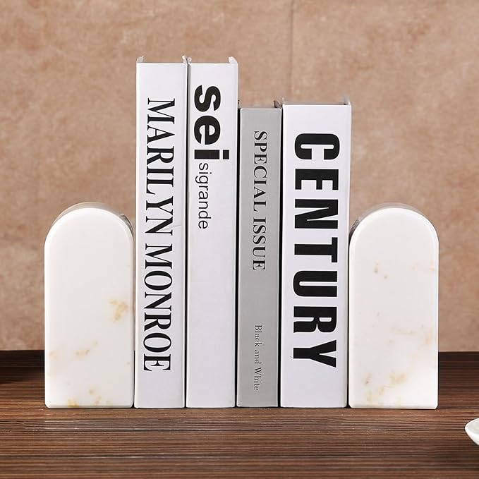 Koville Natural Marble Bookends for Shelves, Decorative Book Ends, 7lbs Heavy-Duty Marble Book Holders, Bookshelf Apartment Decor for Normal Books/CD/Video Games Calacatta