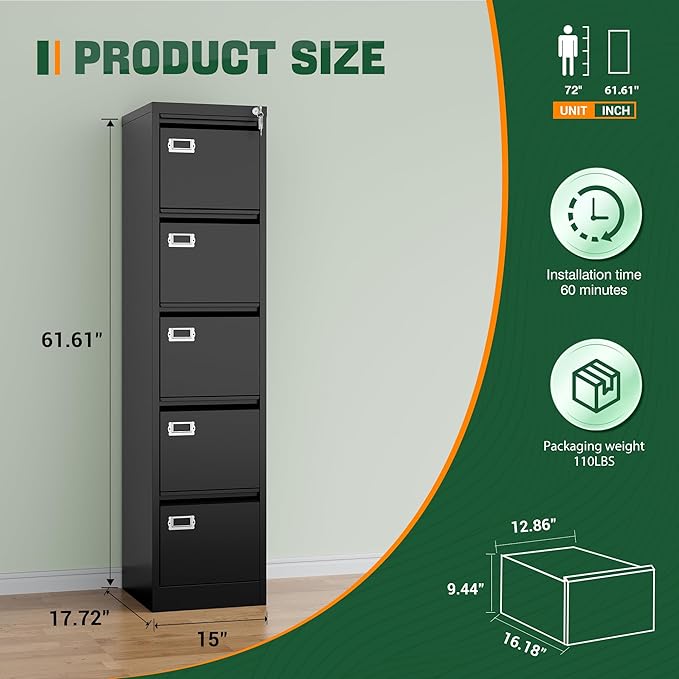 Letaya 5 Drawer File Cabinet with Lock,Metal Office Filing Cabinets for Home Office- Storage A4/F4/Letter/Legal -Assembly Required (Black)
