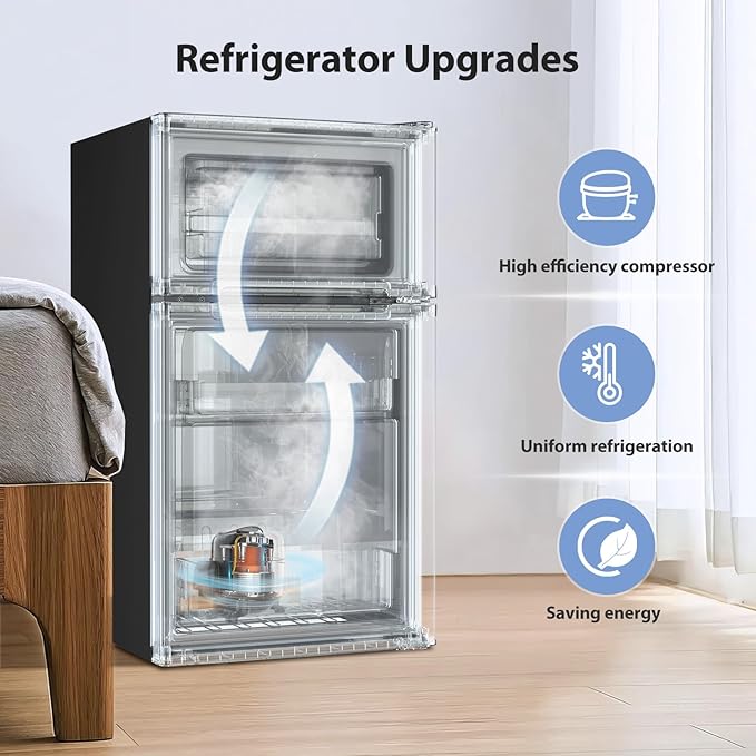 Kismile Mini Fridge with Freezer,3.2 Cu.Ft Compact Mini Refrigerator with Double 2 Door,Adjustable Temperature,Full Size for Home,Kitchen,Dorm,Apartment,Retro Black