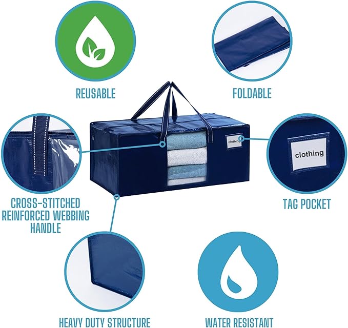 VENO 10 Pack Moving Bags Extra Large Storage Bags for College Move-In, Heavy-Duty Storage Totes, Packing Boxes, and Wardrobe Moving Supplies - Durable Laundry Bags for Clothes (Blue w/Window, 10 Pack)