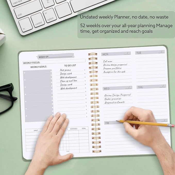 Undated Weekly Planner, A5 Weekly To Do List Notebook with Habit Tracker Spiral Binding Weekly Planner Notebook with Stickers Home Work School Supplies, Sage Green