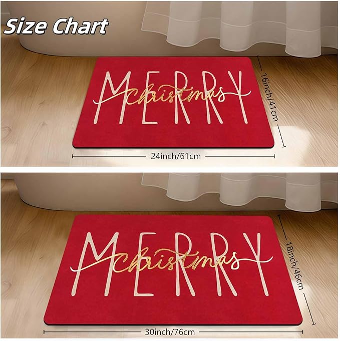 Christmas Door Mat Entrance Front Porch Rugs Red Gold Merry Christmas Doormat Non-Slip Rug Welcome Mat for Entrance Indoor Home Bathroom Floor Decoration, 16" x 24" Inch