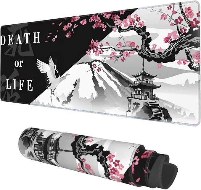 Desk Mat, Black and White Cherry Blossom Extended Gaming Mouse Pad Large, 31.5"x11.8" Big Mouse Pad with Non-Slip Base and Stitched Edge, Long Computer Keyboard Mouse Mat for Home Office Work