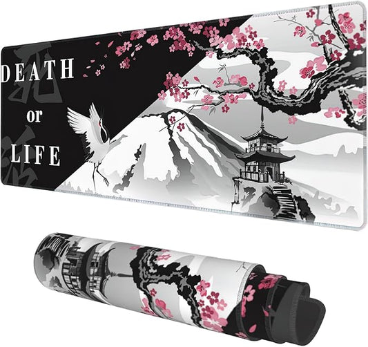 Desk Mat, Black and White Cherry Blossom Extended Gaming Mouse Pad Large, 31.5"x11.8" Big Mouse Pad with Non-Slip Base and Stitched Edge, Long Computer Keyboard Mouse Mat for Home Office Work