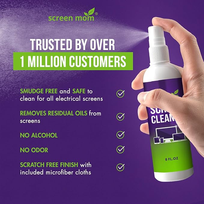 Screen Cleaner Spray and 4 Microfiber Cloths Bundle 8oz & 2oz, by Screen Mom, Eyeglasses or Monitor Screen Cleaner Spray and Wipe, Electronic Cleaner Spray, Car Screen Cleaning Kit
