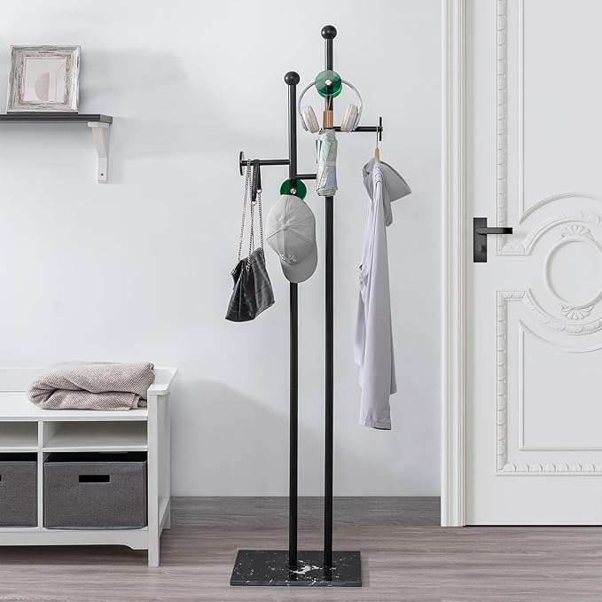 Free Standing Coat Rack with Marble Base & 8 Hooks Heavy Duty Clothes Rack for Entryway Bedroom Living Room Hotel 14.96 x 10.24 x 68.9 Inches (Black)