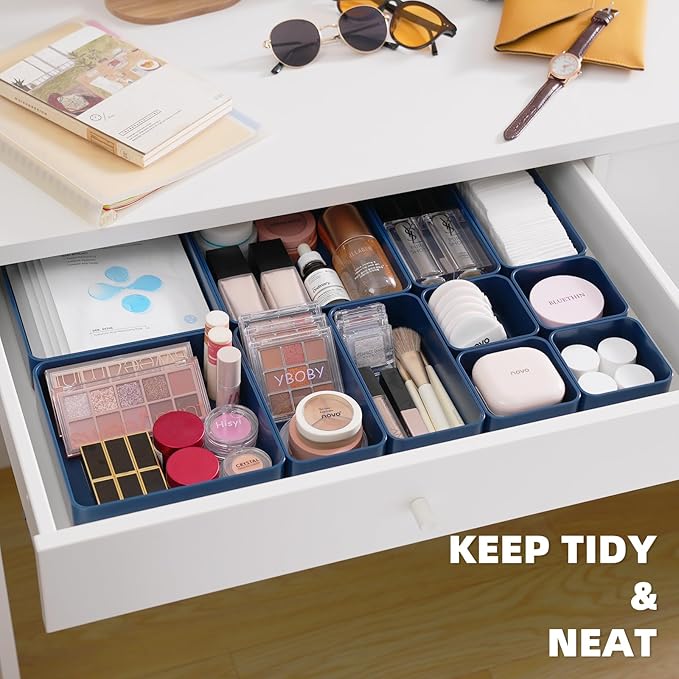 CHANCETSUI 11-Piece Stackable Drawer Organizer Set, Multi-size Desk Drawer Organizer Trays Vanity Storage Bins for Storing Makeup, Stationery, Utensils in Bathroom Dresser, Office and Kitchen