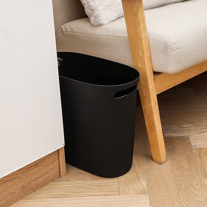 JiatuA Plastic Small Trash Can Slim Waste Basket with Handles 3.2 Gallon Narrow Garbage Container Bin for Bathroom, Bedroom, Kitchen, Home Office Under Desk, Dorm, Laundry Room, Kids Roomm, Black