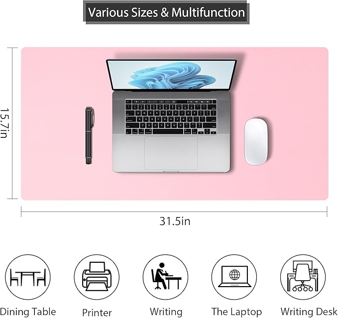 Leather Desk Pad Protector, Mouse Pad, Non-Slip Computer Mat for Desk, PU Leather Office Desk Mat for Home & Office, Waterproof Laptop Desk Blotter for Keyboard and Mouse, Pink (15.7''X31.5'')
