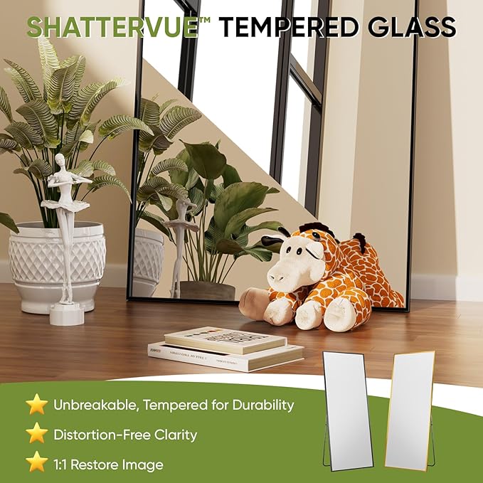 Full-Length Floor Mirror with Stand, 71"x32" Rectangle Style Full Body Standing Mirror for Bedroom, Living Room, Gym, Dorm - Shatter-Resistant & Easy Assembly, Black