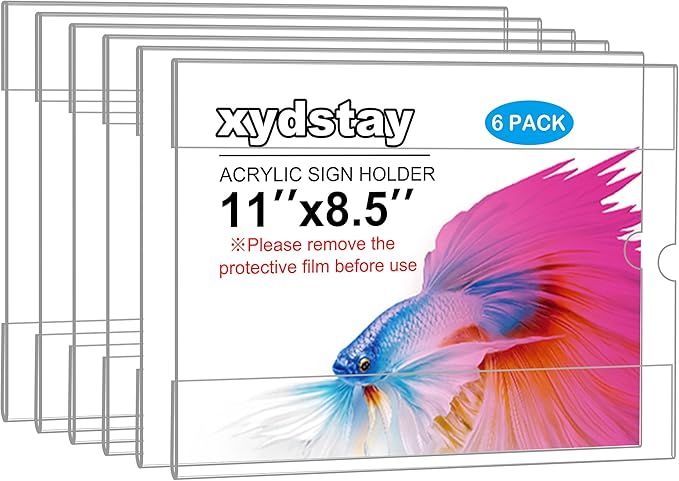 6pack Acrylic Wall Sign Holder with Tape,8.5 X 11 Wall Mount Clear Plastic Sign Holder, Horizontal Memo Document Menu Holder for Restaurant, Office, School, Store and Home Use,No Drilling