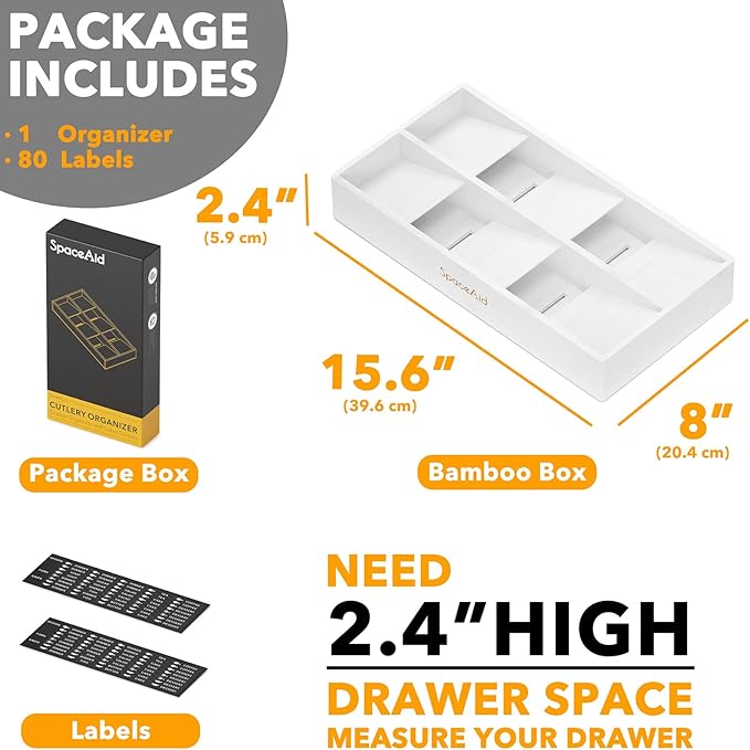 SpaceAid Bamboo Silverware Drawer Organizer with Labels, Kitchen Utensil Tray Holder Organizer for Flatware, Cutlery, Spoon and Knives Drawer Storage Organization (White, 6 Slots)