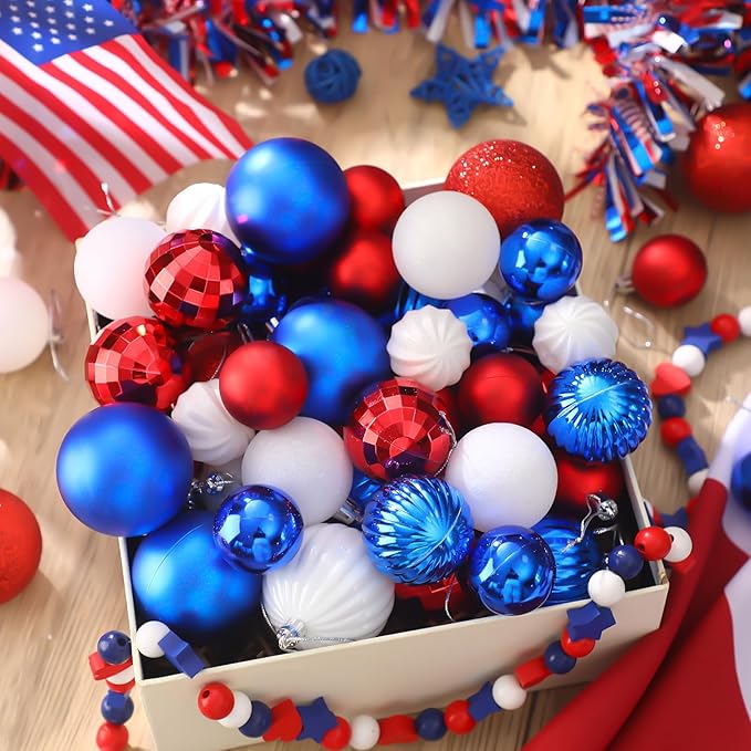 64 Pcs Veterans Day Patriotic Christmas Ball Ornaments Bulk Red White Blue Christmas Tree Ornaments 1.6/1.97/2.4 Inch Xmas Baubles 4th of July Xmas Decorations for Tree Home Wreath Decor