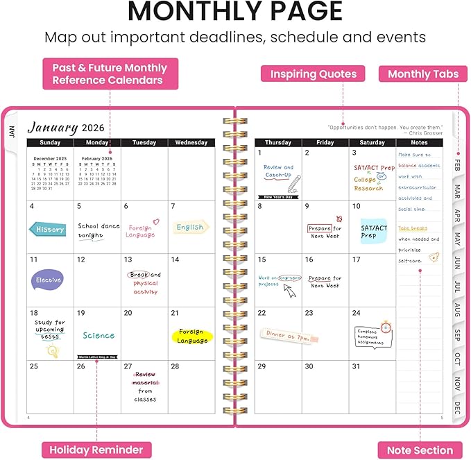 2026 Planner, Weekly and Monthly Calendar Planner, January 2026 - December 2026, Hardcover 2026 Calendar Planner Book with Tabs For Women & Men, Inner Pocket, Spiral Bound, Perfect for Office Home School Supplies - A5 (6.3" x 8.5"), Berry Pink