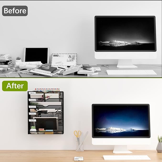 EasyPAG 5-Tier Wall File Holder, Mesh Hanging Folder Organizer with Classify Label, Versatile Desk File Organizer for Office Home, Vertical Wall Mounted Mail Sorter, Sides Closed, Black