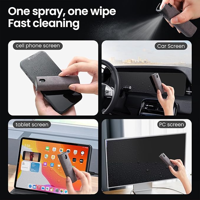 Touchscreen Screen Cleaner, Car, Tablet and Phone Screen Cleaner, Two in One Spray and Microfiber Cloth, Car Accessories for Women Perfect Gifts(Grey)