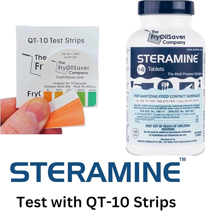 2 Bottles Steramine Sanitizer Tablet 15xQT-10 Test Strip, Multi Purpose Steramine Sanitizing Tab for Food Contact Surface Kitchen, Restaurant, Diner & Food Service by FryOilSaver Co. (300 Tablets)