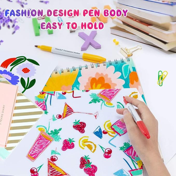 Nicecho Permanent Markers, 30 Colored Fine Point Marker Pens, Waterproof Marker Works on Paper, Plastic, Wood, Metal and Glass